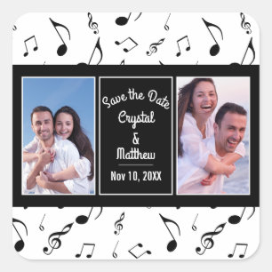 Modern Black White Music Notes Photo Save the Date Square Sticker
