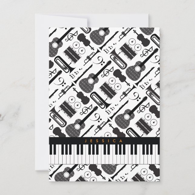 Modern Black & White Musical Instruments Pattern Card (Front)