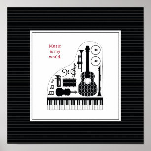 Modern Black & White Musical Instruments Pattern Poster