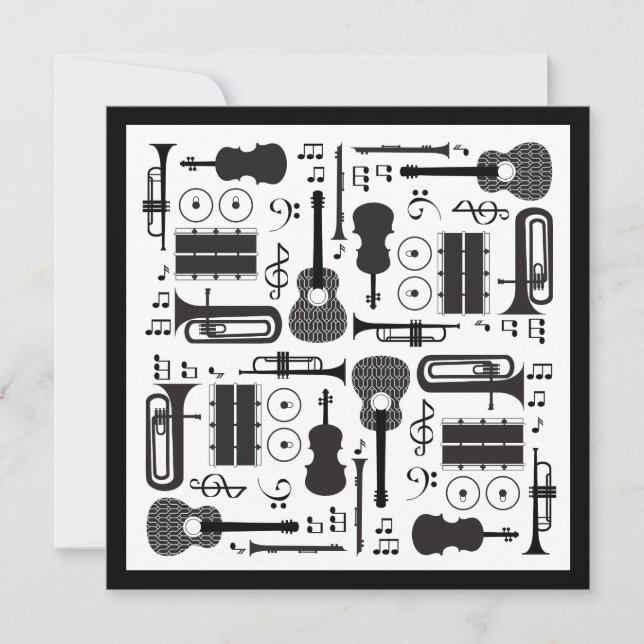 Modern Black & White Musical Instruments Pattern Thank You Card (Front)