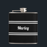 Modern Black & White Name  Hip Flask<br><div class="desc">Bold, minimal, and ready to gift. This sleek flask features a custom name (up to ten characters) in crisp white script, framed by a clean double border on a bold black background. Whether you're teeing off or toasting the groom, this flask adds personal flair to any occasion. Compact and easy...</div>