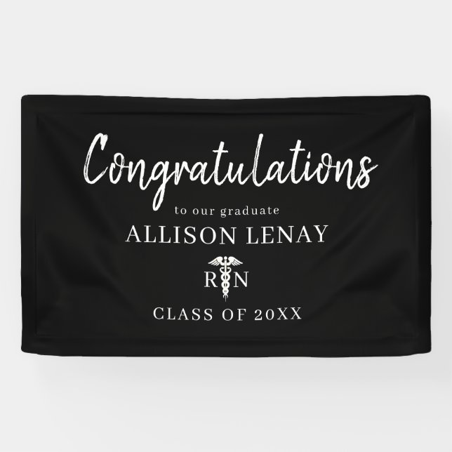 Modern Black White Nurse Graduation Party Name Banner (Horizontal)