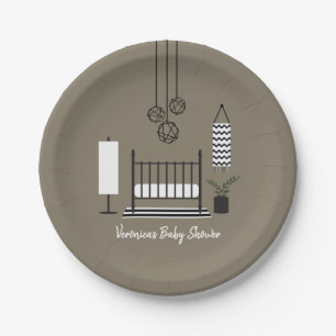 Modern Black + White Nursery Baby Shower Paper Plate