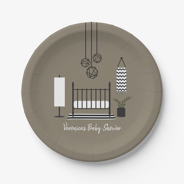 Modern Black + White Nursery Baby Shower Paper Plate (Front)