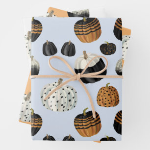 Modern Black White Orange Pumpkin Pattern Wrapping Paper Sheet