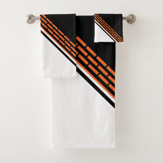 Modern Black White Orange Striped Pattern Bath Towel Set (Insitu)