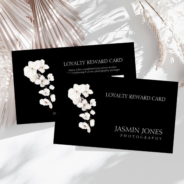 Modern Black White Orchids Floral Business Reward Loyalty Card (Modern Black and White QR Code Orchids Flowers Business Loyalty Reward Card)