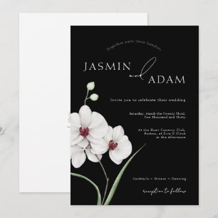 Modern Black White Orchids Initials Floral Wedding Invitation