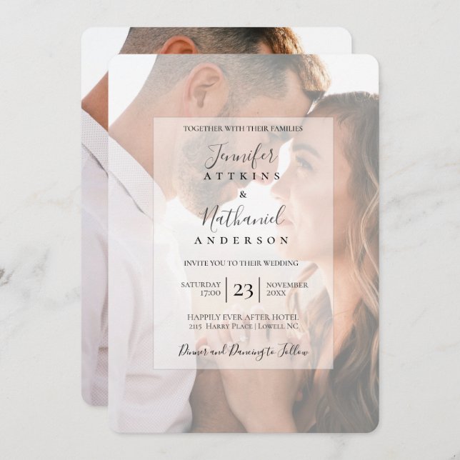 Modern Black White Overlay Photo Wedding Invitatio Invitation (Front/Back)