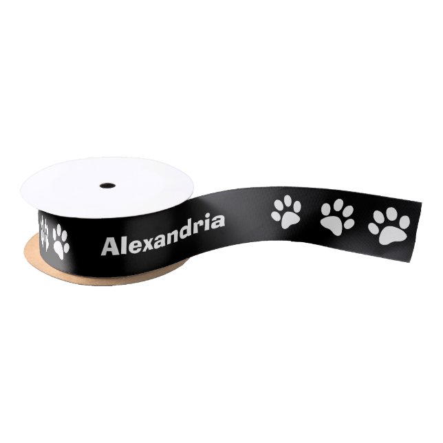 Modern Black & White Paw Print w/ Name Birthday Satin Ribbon (Spool)