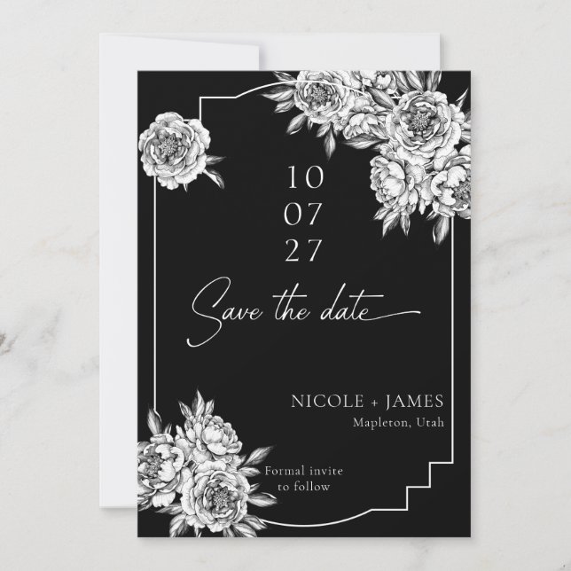 Modern black white peonies photo save the date invitation (Front)