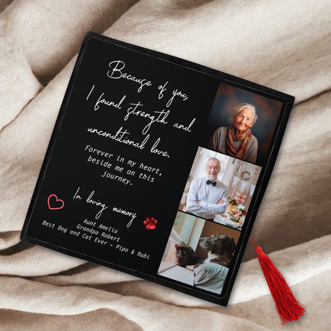 Modern Black White Personalized 3 Photo Memorial Graduation Cap Topper (Creator Uploaded)