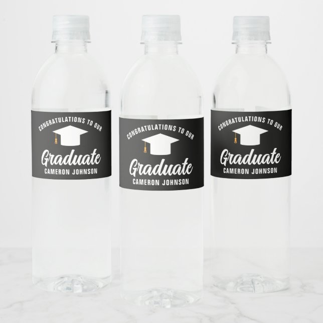 Modern Black White Personalized Graduation Party Water Bottle Label (Bottles)