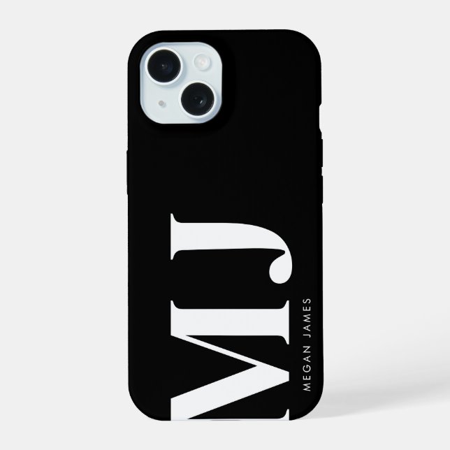 Modern Black & White Personalized Initials iPhone 15 Case (Back)