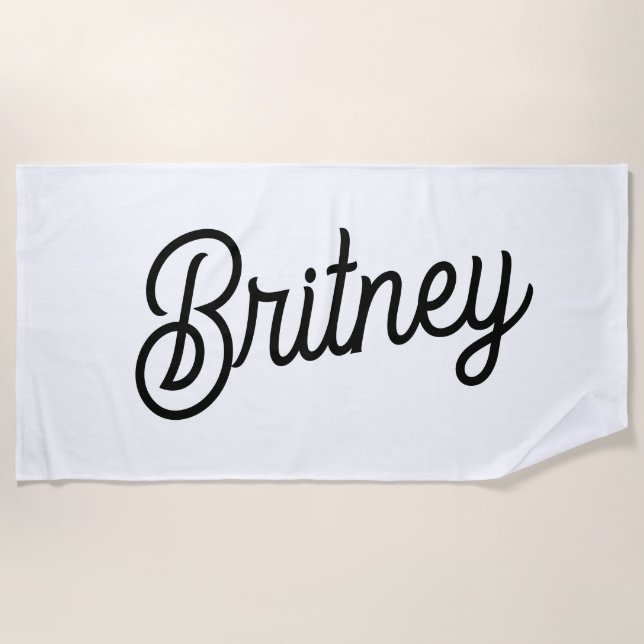 Modern Black White Personalized Monogram and Name  Beach Towel (Front)