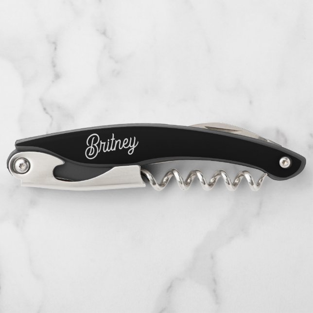 Modern Black White Personalized Monogram and Name  Corkscrew (Front)