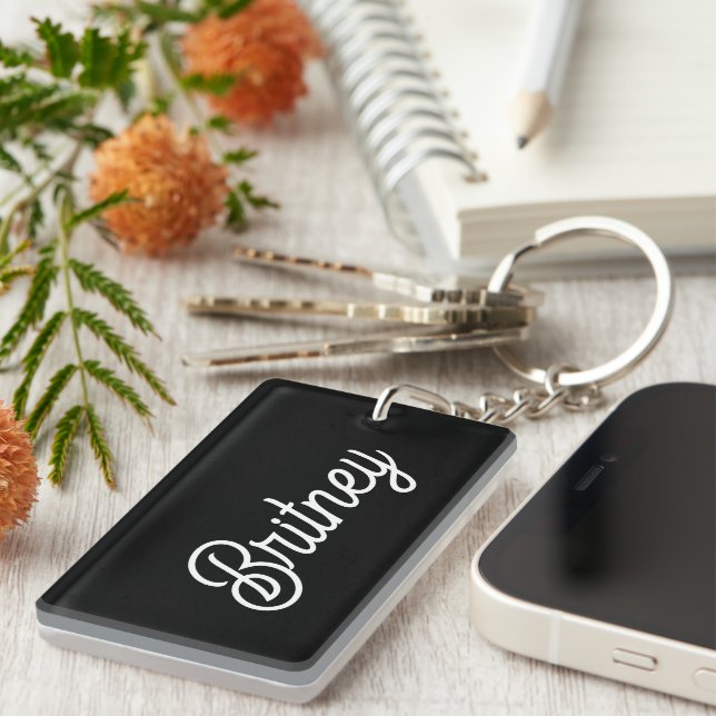 Modern Black White Personalized Monogram and Name  Keychain (Front Right)