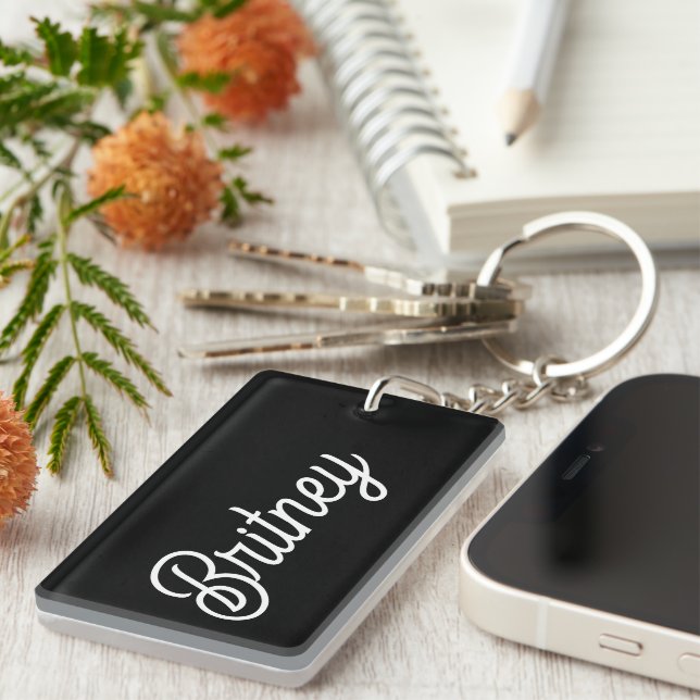 Modern Black White Personalized Monogram and Name  Keychain (Front Right)