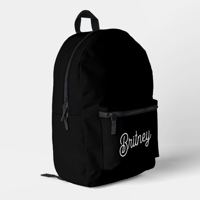 Modern Black White Personalized Monogram and Name  Printed Backpack (Back Corner Left)