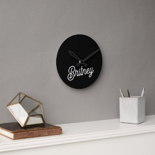 Modern Black White Personalized Monogram and Name  Round Clock
