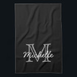 Modern Black White Personalized Name Monogrammed Kitchen Towel<br><div class="desc">Modern, minimalist black and white custom personalized name and monogrammed kitchen towel. It features a monogram initial in serif style font and a pretty handwritten first name text template in grey, white colour on black background. Great feminine, girly personalized gift. If you need help or matching items, please contact to...</div>