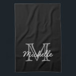 Modern Black White Personalized Name Monogrammed Kitchen Towel<br><div class="desc">Modern, minimalist black and white custom personalized name and monogrammed kitchen towel. It features a monogram initial in serif style font and a pretty handwritten first name text template in grey, white colour on black background. Great feminine, girly personalized gift. If you need help or matching items, please contact to...</div>