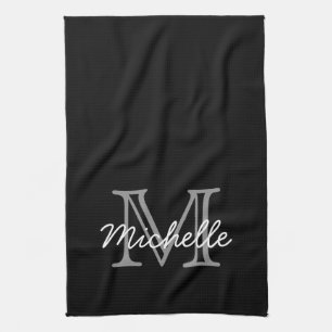 Modern Black White Personalized Name Monogrammed Kitchen Towel