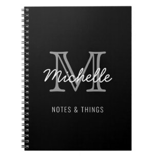 Modern Black White Personalized Name Monogrammed Notebook