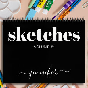 Modern Black White Personalized Sketchbook Name Notebook