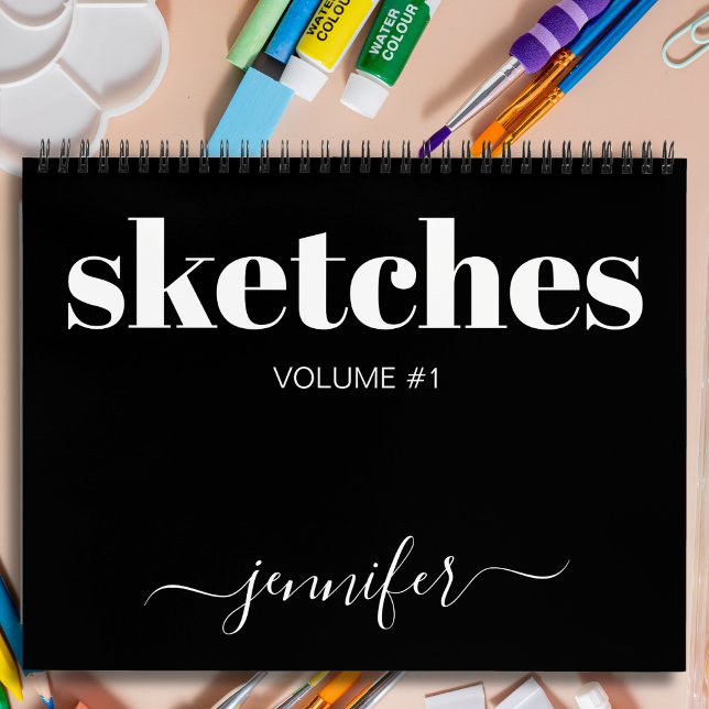 Modern Black White Personalized Sketchbook Name Notebook (Creator Uploaded)