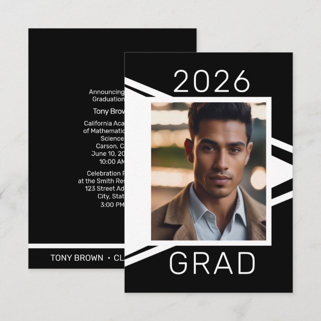 Modern Black White Photo Graduation Announcement (Front/Back)