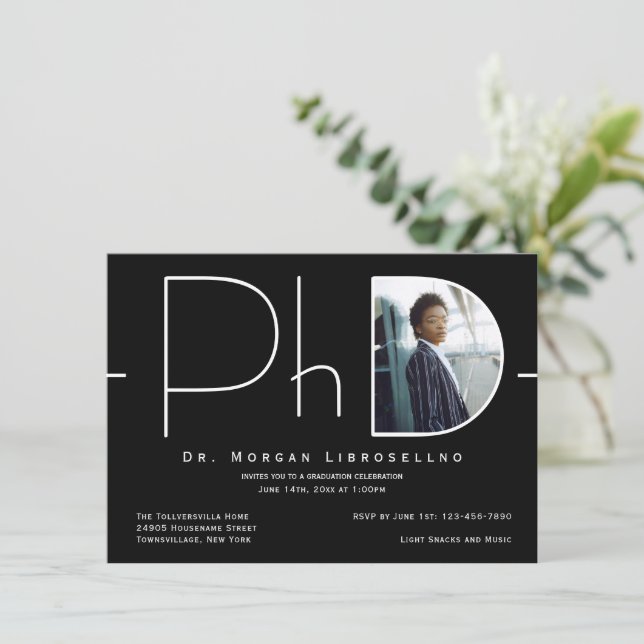 Modern Black White Photo PhD Graduation Invitation (Standing Front)
