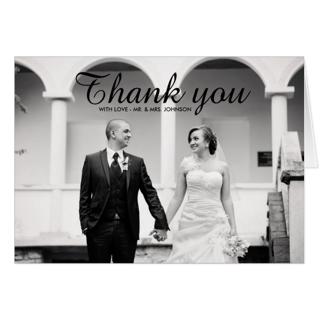 Modern Black & White Photo Wedding Thank You Card (Front Horizontal)