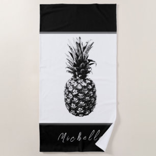 Modern black white Pineapple   Custom Beach Towel