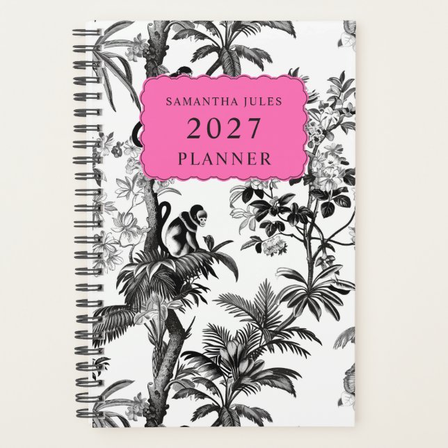 Modern Black White Pink Tropical Monkey Pattern (Devant)