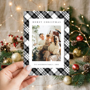 Modern Black White Plaid Family Photo Christmas Holiday Card