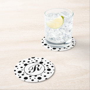 Modern Black White Polka Dot Monogram Round Paper Coaster