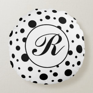 Modern Black White Polka Dot Monogram Round Pillow