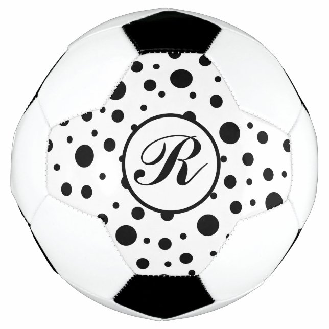 Modern Black White Polka Dot Monogram Soccer Ball (Front)