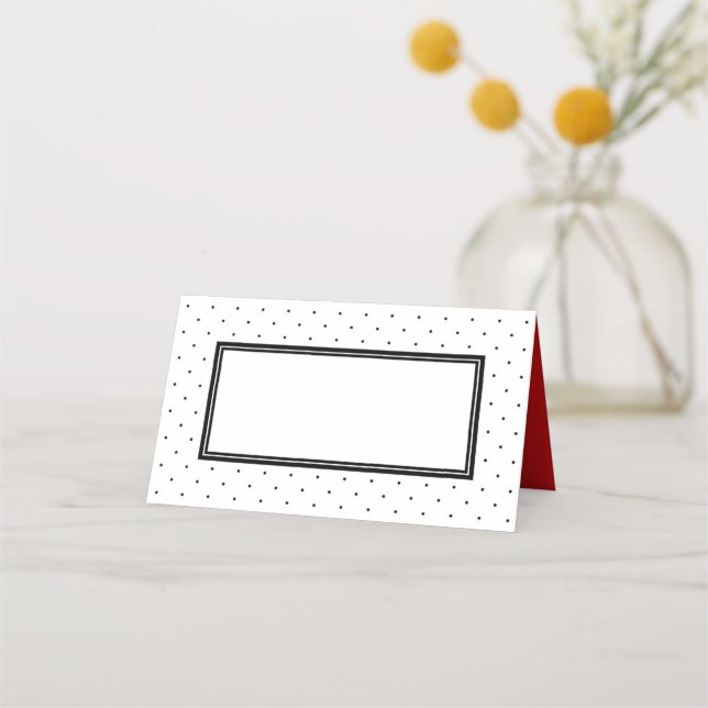 Modern Black White Polka Dot with Red Place Card (Front)