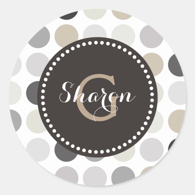 Modern black white polka dots pattern monogram classic round sticker (Front)