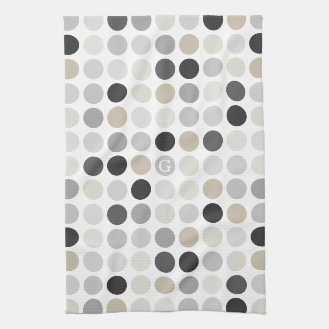 Modern black white polka dots pattern monogram kitchen towel (Vertical)