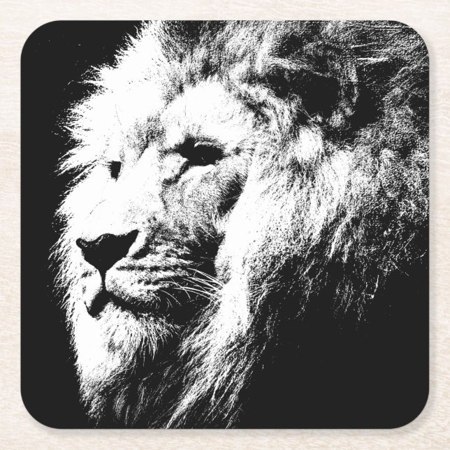 Modern Black & White Pop Art Lion Head Template Square Paper Coaster (Front)
