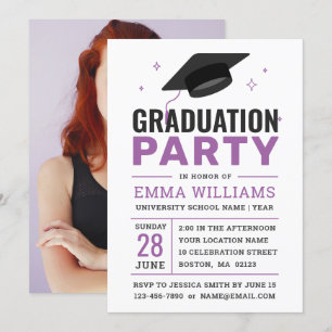 Modern Black White Purple   Photo Graduation Party Invitation