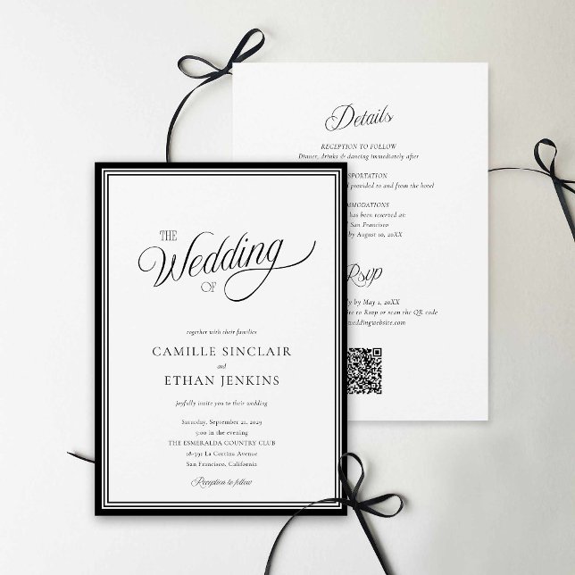 Modern Black & White QR Code All In One Invitation (Modern Black and White QR Code Wedding Invite)