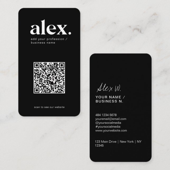 Modern Black & White QR Code Logo Business Card (Front/Back)