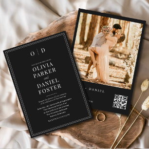 Modern Black White QR Code Photo Wedding Invitation