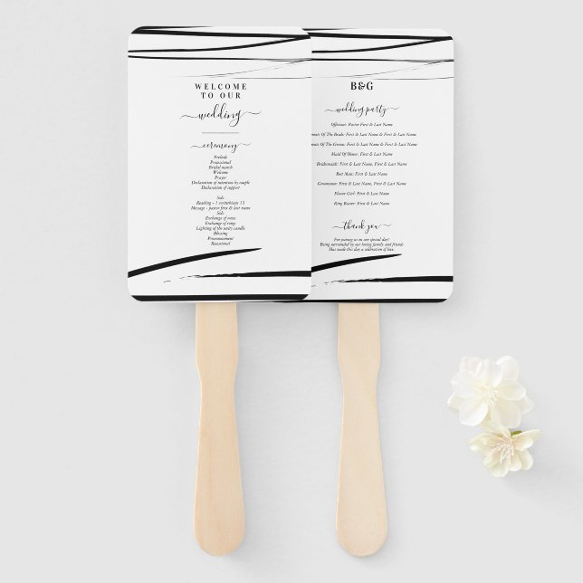 Modern Black White QR Code Wedding Program Hand Fan (Front and Back)