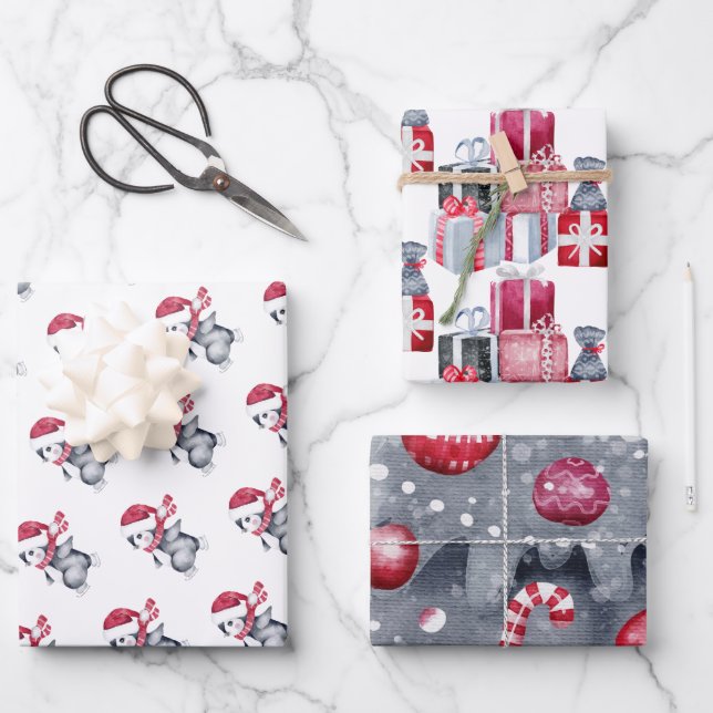 Modern Black White Red Christmas Watercolor Wrapping Paper Sheet (Front)