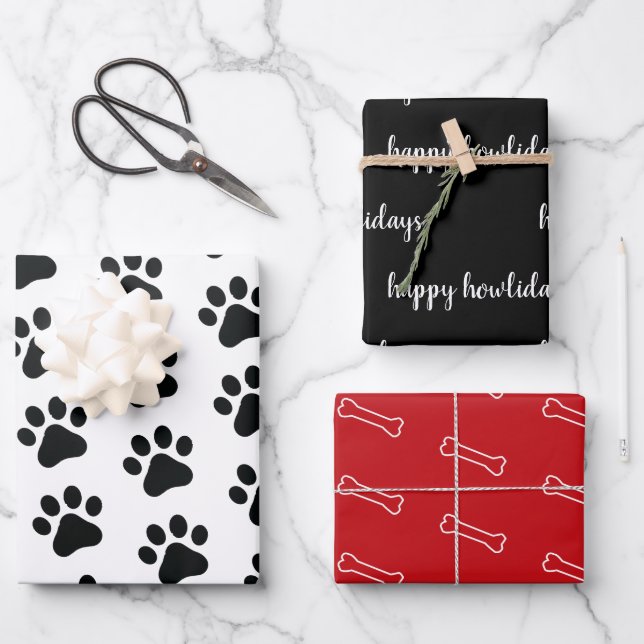 Modern Black White Red Dog Themed Holiday Pet Wrap Wrapping Paper Sheet (Front)